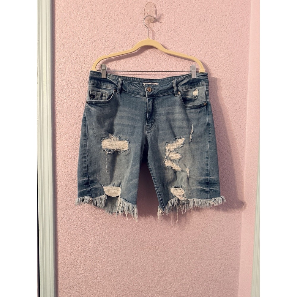 Kancan Denim Jean Shorts Womens 14 Bermuda Destruction Fringe Comfort Stretch